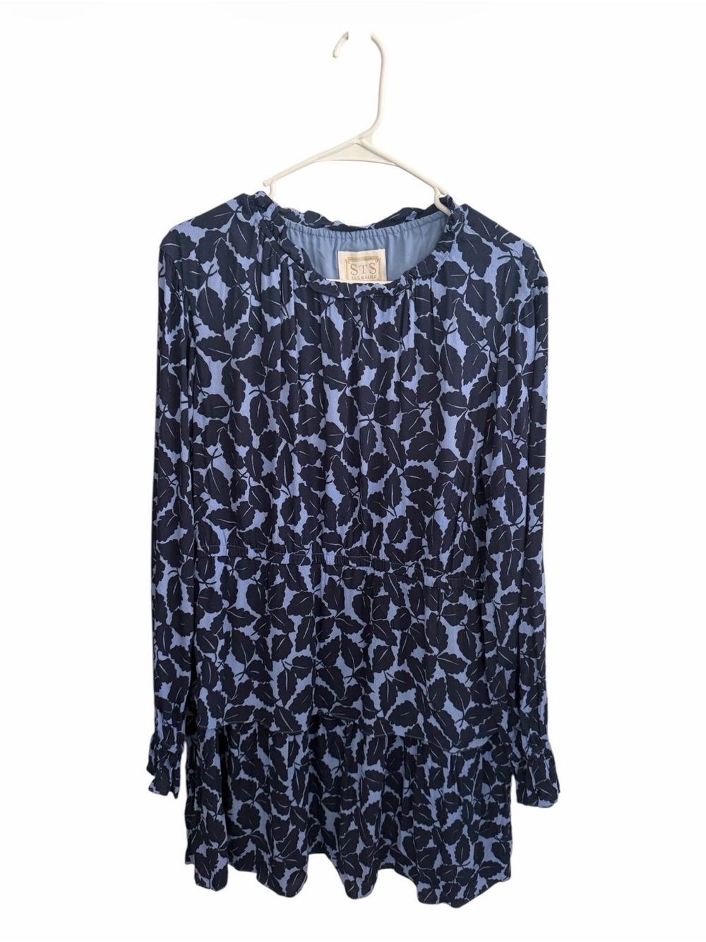 Sail to Sable Navy and Light Blue Leaf-Print Long Sleeve Dress